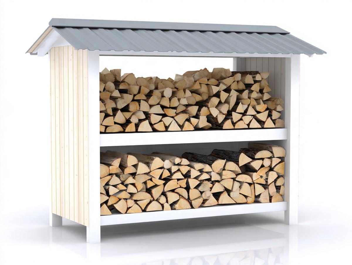 Portalegna - legno - 208x86x176 cm - bianco-grigio-legno naturale - stile moderno con copertura inclinata