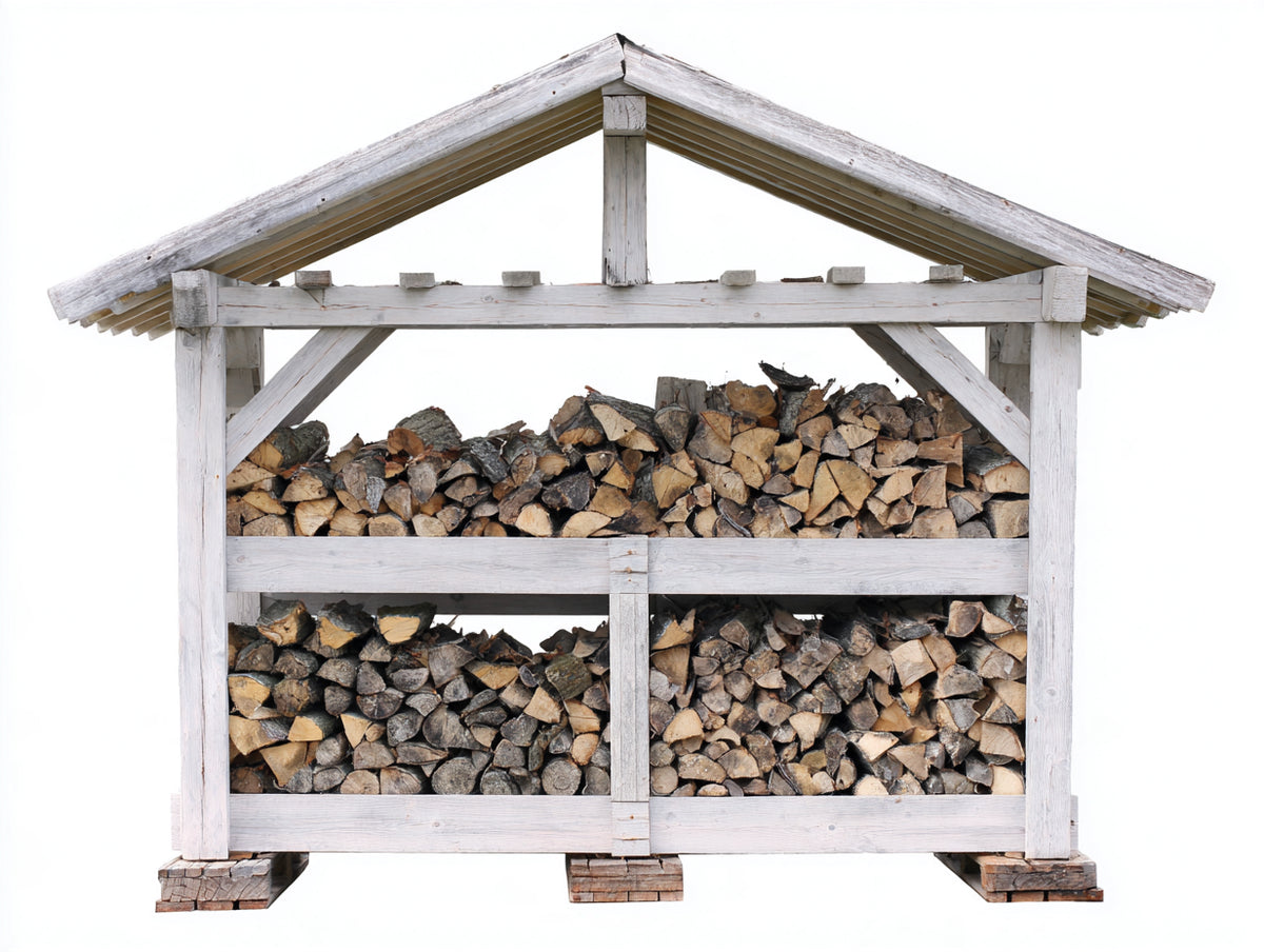 Portalegna - legno - 212x91x191 cm - bianco anticato - stile rustico con tetto a falde